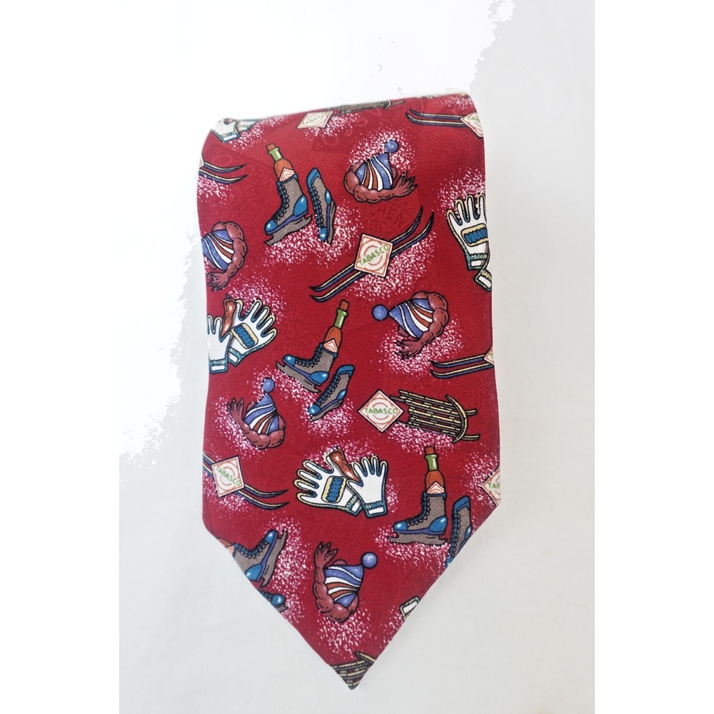 Vintage Tabasco Winter Sports Novelty Tie Red Silk Ski Hat‎ Gloves USA Made